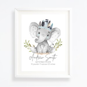 May include: A watercolor illustration of a gray elephant wearing a blue and brown feather headdress. The elephant is sitting on a brown surface with green leaves behind it. The text "Andrew Smith, September 10, 2019, 10 pounds 14 ounces | 22 inches" is below the elephant.