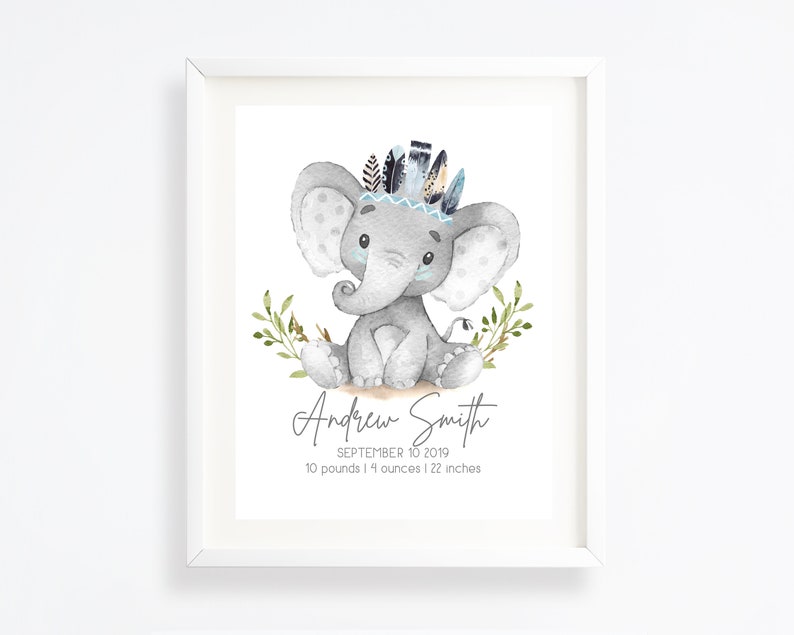 May include: A watercolor illustration of a gray elephant wearing a blue and brown feather headdress. The elephant is sitting on a brown surface with green leaves behind it. The text "Andrew Smith, September 10, 2019, 10 pounds 14 ounces | 22 inches" is below the elephant.