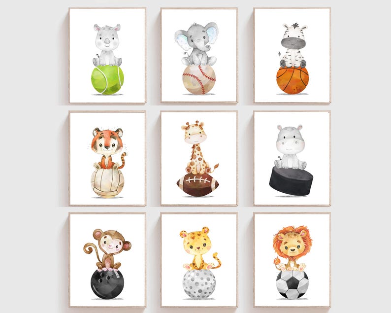 May include: Set of 8 printable nursery art prints featuring watercolor illustrations of animals balancing on sports equipment. The animals include a rhino, elephant, zebra, tiger, giraffe, hippopotamus, monkey, and lion. The sports equipment includes a tennis ball, baseball, basketball, football, hockey puck, and soccer ball.