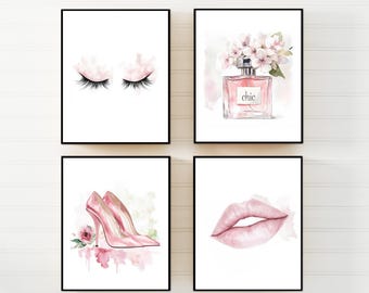 Glam Wall Art Set of 4 – Pink Fashion Prints – Eyelash Perfume Lips Heels – Feminine Makeup Room Decor – Chic Digital Download Prints, H3409