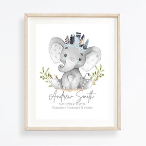 May include: A watercolor illustration of a gray elephant wearing a blue and brown feather headdress. The elephant is sitting on a white background with green leaves. The text "Andrew Smith, September 10, 2019, 10 pounds 14 ounces | 22 inches" is below the elephant.