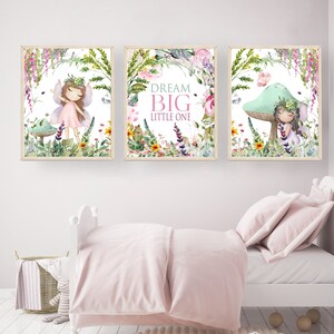 May include: Three framed prints with a white background and floral designs. Each print features a fairy with wings and a flower crown. The middle print has the text "Dream Big Little One".