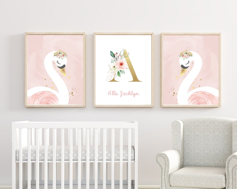 Swan Nursery Wall Art Blush Pink Nursery Girl Name Wall Etsy