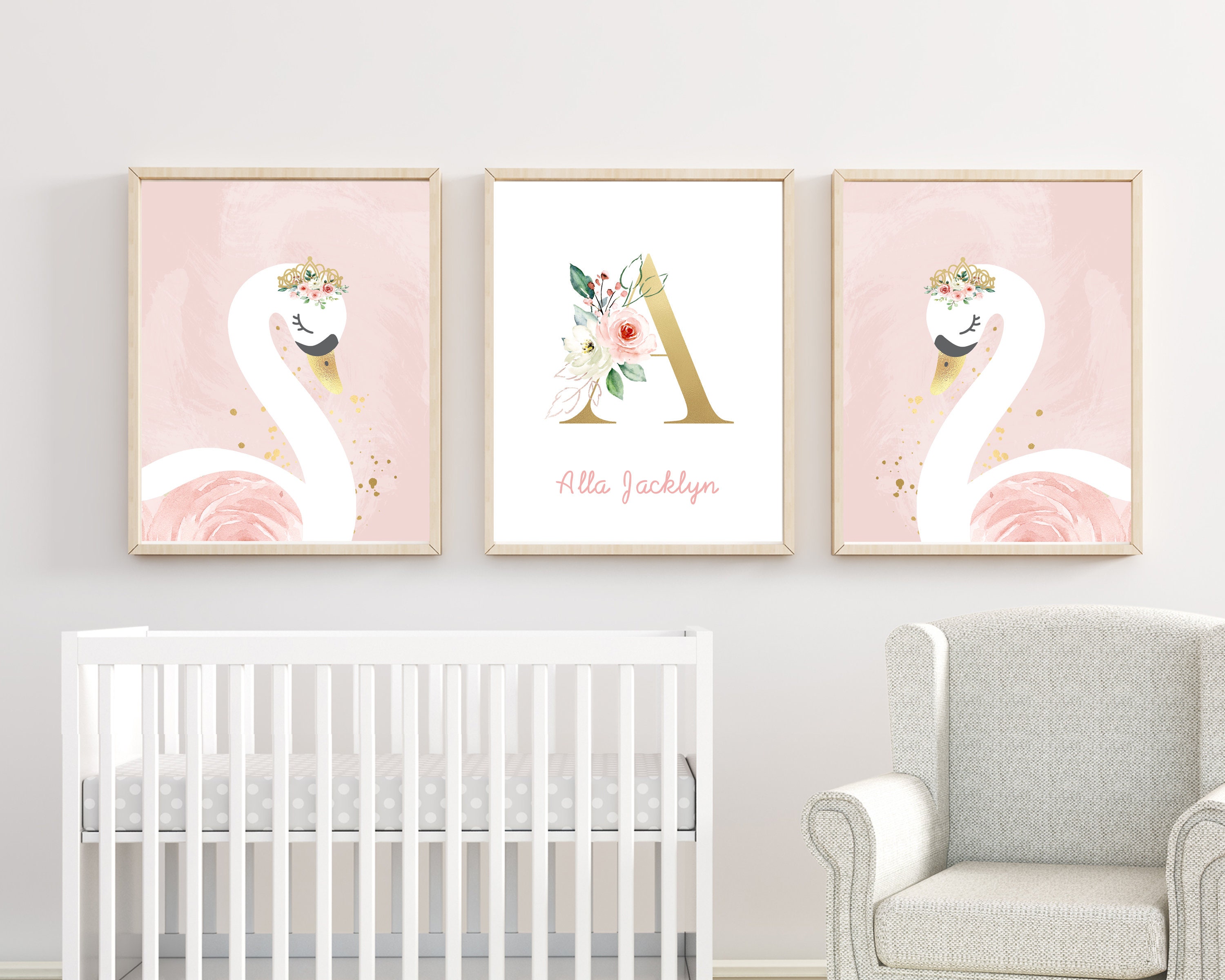 Swan Nursery Wall Art Blush Pink Nursery Girl Name Wall | Etsy