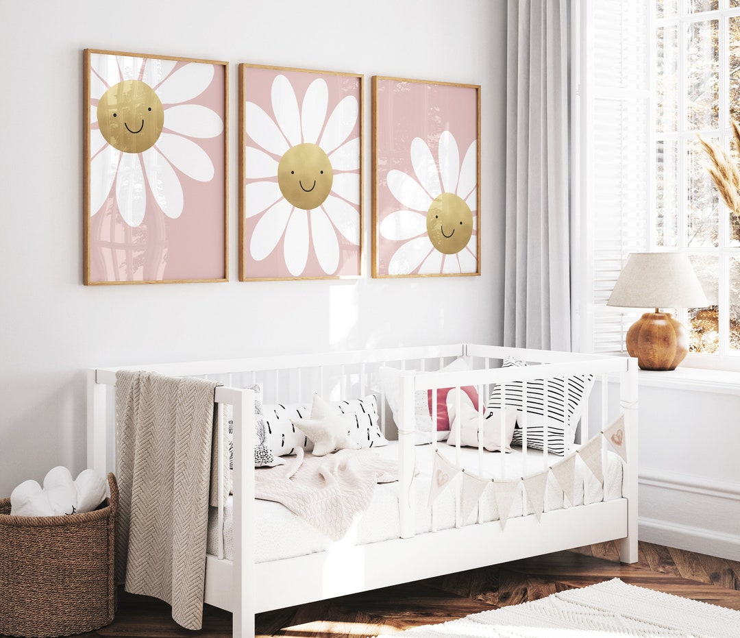 Set of 3, Daisy Smiley Face Wall Art, Pink Nursery Decor, Daisy Wall ...