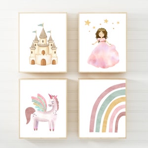 Muurkunst prinses - prinsesafdrukken - inrichting kinderkamer prinses - inrichting meisjeskamer - kunst aan de muur eenhoorn - kunst aan de muur kasteel - cadeau babymeisje