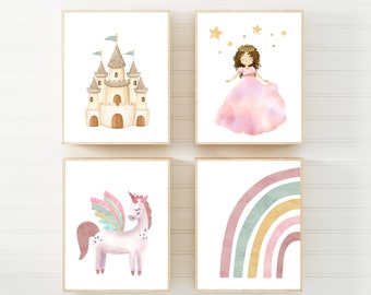 Princess wall art - Princess prints - Princess nursery decor - Girls room decor - Unicorn wall art - Castle wall art - Baby girl gift
