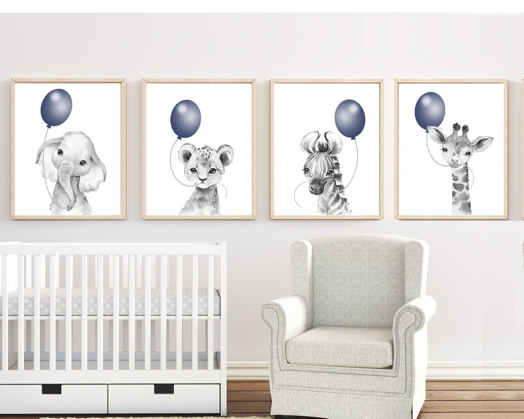 Boy Nursery Decor - Navy Blue Nursery Wall Art - Safari Animal Print ...