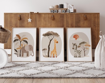 Boho Safari Nursery decor, Safari nursery prints, Nursery wall art, Set of 3 Safari baby animal prints, digital art, kids room decor, H3135