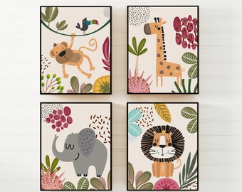 May include: Set of four illustrated prints featuring jungle animals. The prints feature a monkey swinging from a vine, a giraffe, an elephant, and a lion. Each print has a colorful background with tropical plants and flowers.