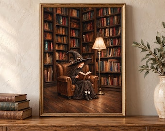 Reading Witch Wall Art Print, Cozy Library Decor, Halloween Book Lover Gift, Dark Academia Art - H3743