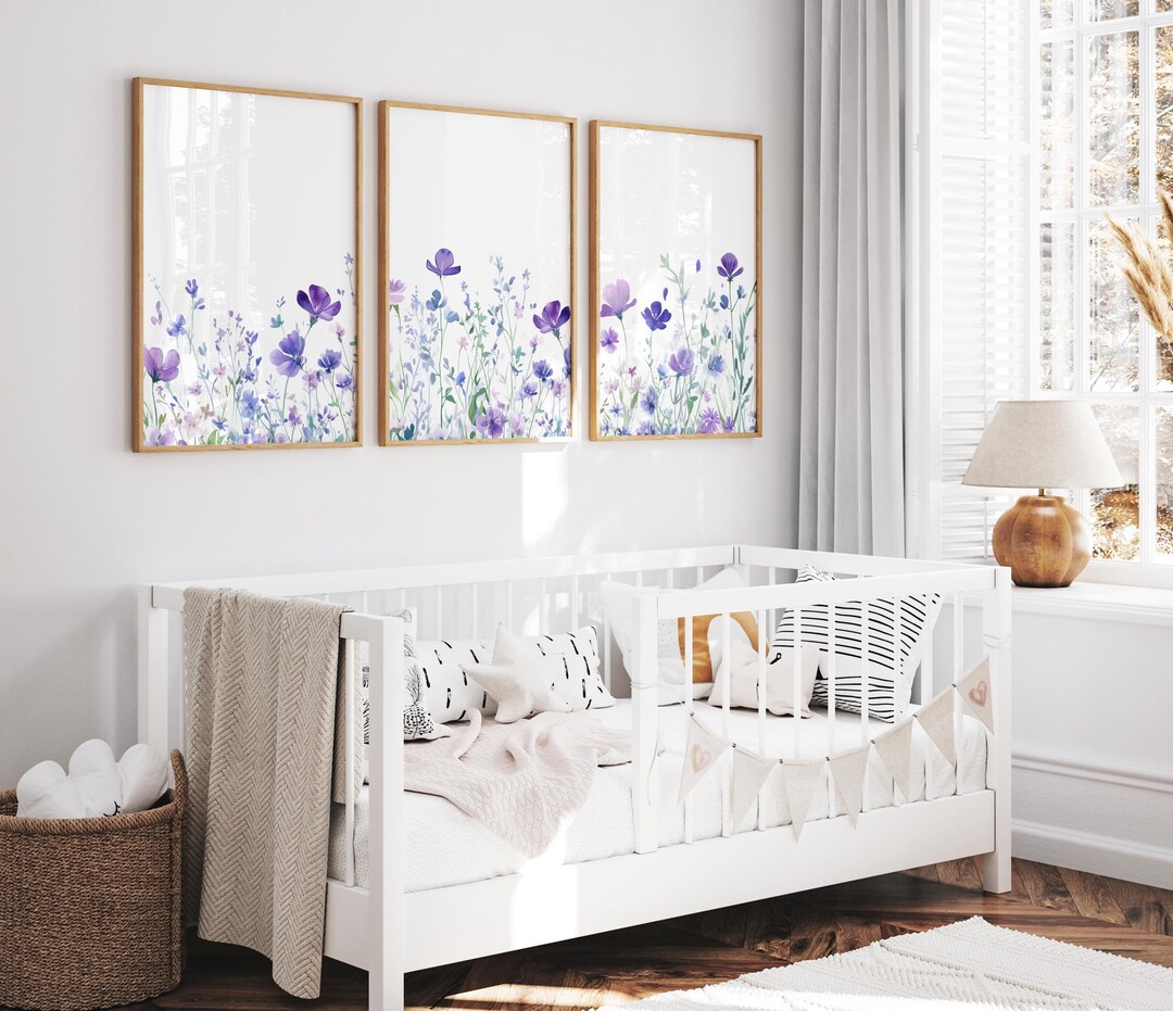 Colorful Wildflower Art Set of 3, Mauve Flower Art, Modern Floral ...