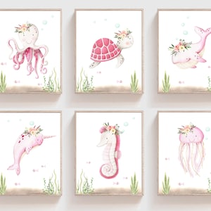 Girls room decor - Ocean nursery prints - Sea animals wall art - Under the sea prints - Ocean animals - Nursery wall art - Girls nursery