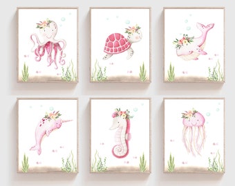 Girls room decor - Ocean nursery prints - Sea animals wall art - Under the sea prints - Ocean animals - Nursery wall art - Girls nursery