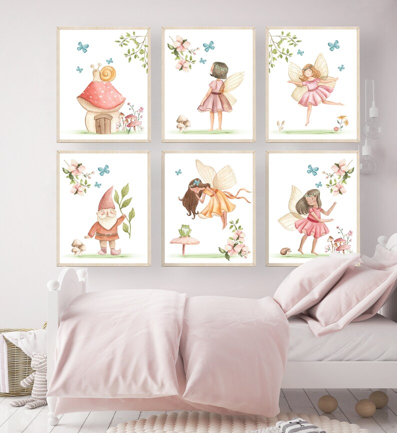 May include: Six watercolor illustrations of fairies and a gnome. The illustrations are framed and hung on a white wall above a pink bed.