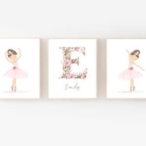 Set of 3 Personalized Ballerina Wall art prints, girls room decor, Nursery wall art prints, Pink ballet dancer, Printable wall art, H3320