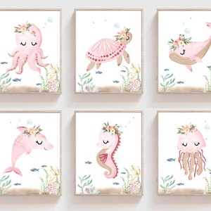 Decoración de habitaciones para niñas - Láminas infantiles del océano - Arte mural de animales marinos - Láminas submarinas - Animales del océano - Arte mural infantil - Habitación infantil para niñas