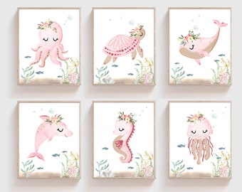 Girls room decor - Ocean nursery prints - Sea animals wall art - Under the sea prints - Ocean animals - Nursery wall art - Girls nursery