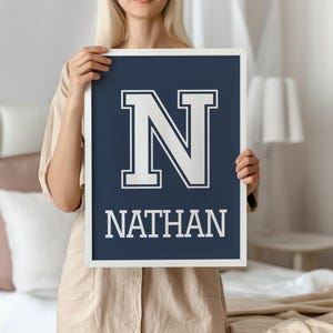 Puede incluir: Un marco azul marino con un borde blanco. La impresión presenta una gran letra "N" blanca sobre el nombre "NATHAN" en blanco, todo en una fuente de estilo universitario. El marco lo sostiene una persona.
