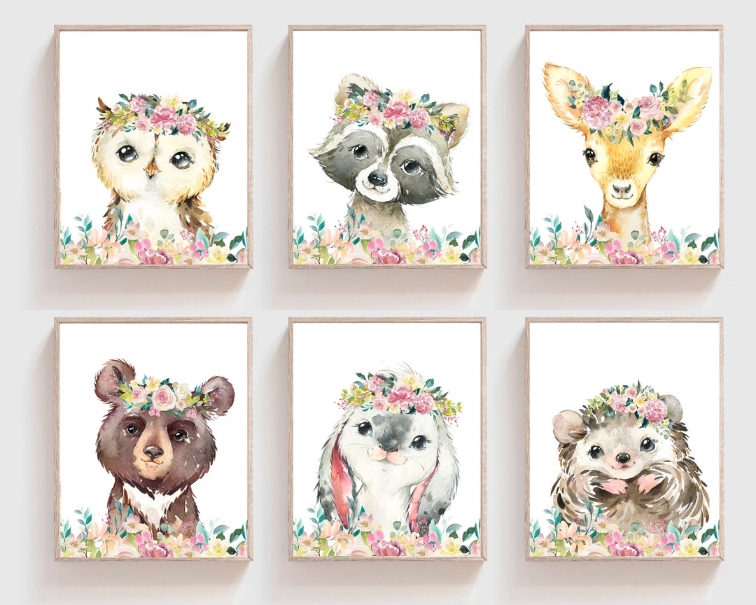 Baby Girl Nursery Wall Art - Baby Woodland Animal Prints - Floral ...