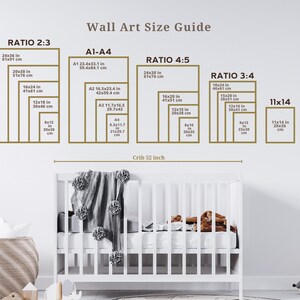 May include: Wall art size guide with dimensions in inches and centimeters. Displays various aspect ratios, including 2:3, 4:5, and 3:4, with sizes like 24x36 inches (61x91 cm) and 16x20 inches (41x51 cm). A crib is shown below the guide.