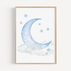 Blue Moon Nursery Wall Art – Baby Boy Sleep Print – Crescent Moon and Stars Watercolor, Gender Neutral Digital Download, Sweet Dreams, H3420