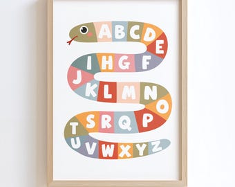 Alphabet Snake Wall Art Print, Rainbow Alphabet Poster, Wall Art, Playful ABC Nursery Decor, Printable Wall Art, Home School Decor, H3600
