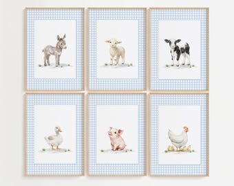Set of 6 Farm Nursery Prints, Farm Animal Nursery Decor, Farm Nursery Wall Art, Gingham Nursery, Kids Room Decor, Digital Prints, H3343