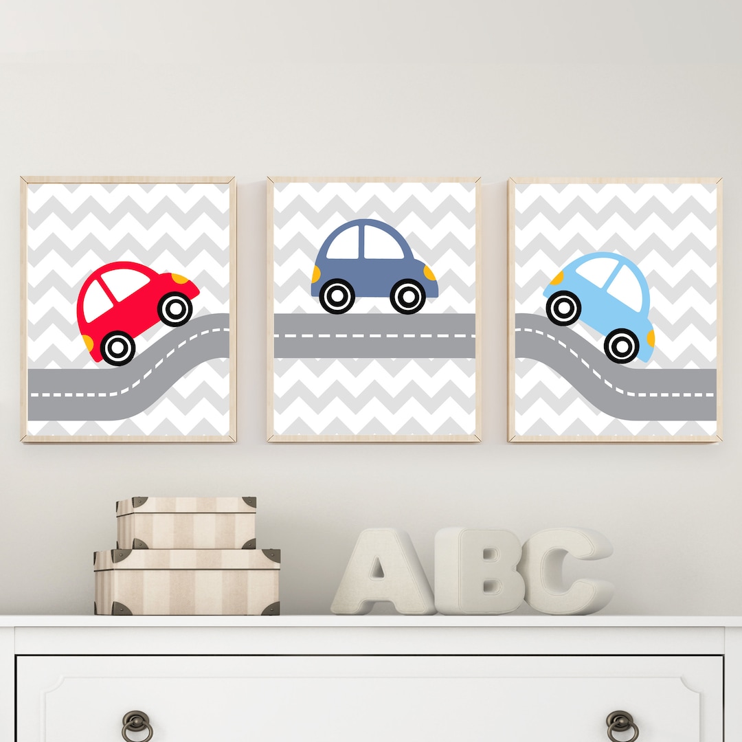 Baby Boy Nursery Wall Art Print, Car Nursery Art Prints, Suits Red and