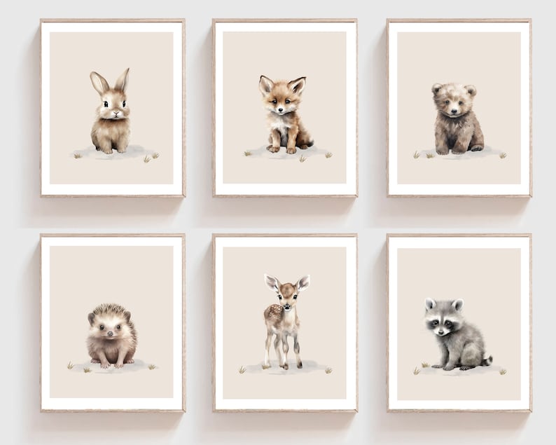 May include: Set of six watercolor illustrations of baby animals, including a rabbit, fox, bear, hedgehog, deer, and raccoon. Each animal is depicted in a cute and whimsical style, with soft, muted colors and a simple background.