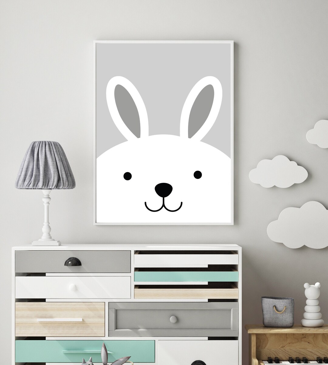 Bunny Art Print Grey Nursery Wall Art Animals Rabbit Nursery Print Cute