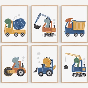 Impresiones de camiones de construcción, decoración de guardería de dinosaurios, decoración para niños, arte de pared para habitación de niño, carteles de vehículos de camiones para sala de juegos, descarga digital, H3088