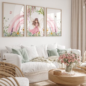 May include: Three watercolor paintings depicting a fairy with wings standing in a field of flowers with a pink rainbow in the background.