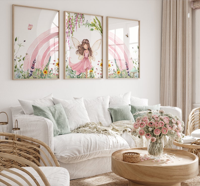 May include: Three watercolor paintings depicting a fairy with wings standing in a field of flowers with a pink rainbow in the background.