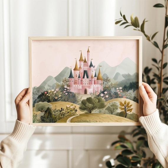 Pink Princess Castle Wall Art – Printable Fairytale Landscape – Girls Nursery Decor – Enchanted Castle Digital Download – Fantasy Room Art