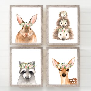Baby girl woodland nursery decor - Girl nursery prints - Floral nursery decor - Girl woodland animal - Floral nursery print - H1720