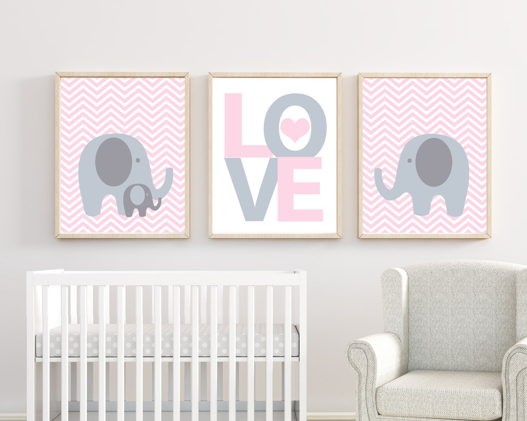 Baby Girl Nursery Pink and Grey Elephant Wall Art Print. Baby Girl