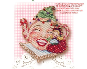 Brooke's Books Jolly Teapot - 3 of 4 in the Teatime With Mrs. Claus Ornament Collection - INSTANT DOWNLOAD Cross Stitch Chart
