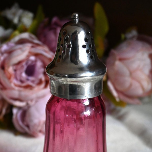 Cranberry Glass Sugar Shaker/Castor Silver Plated Lid , with Ribbed Body Made in England Antique/ vintage