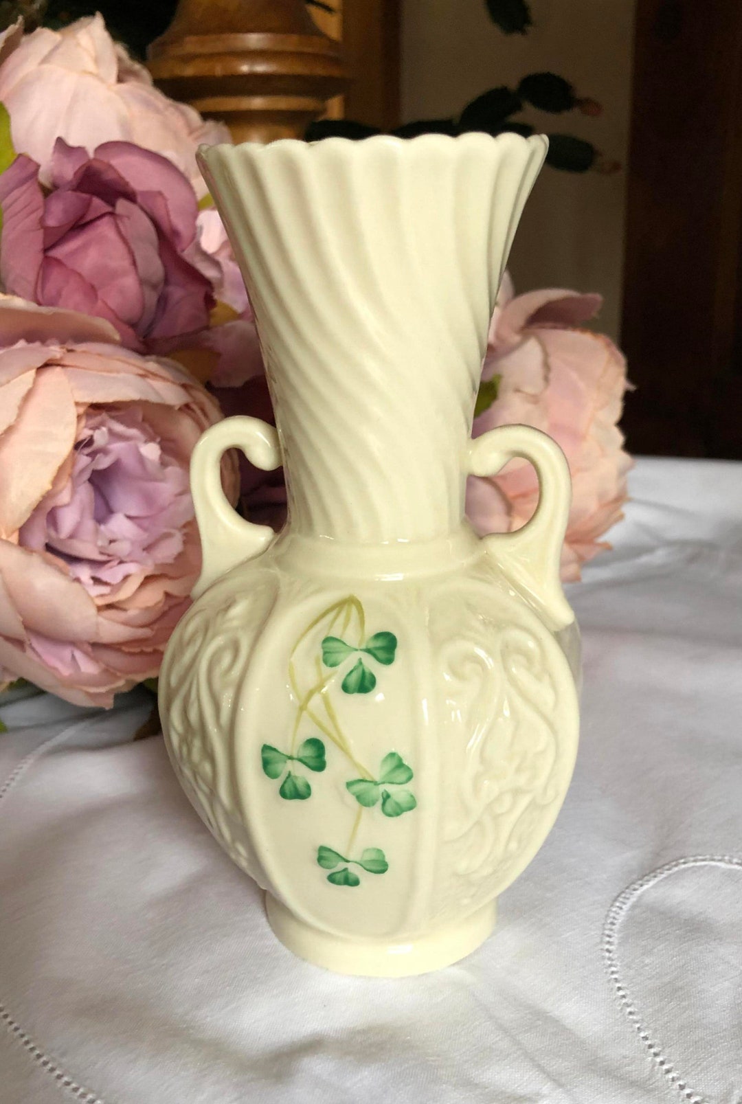 Belleek 2 Handled Vase Decorated With Hand Painted Shamrocks Etsy