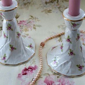 Pair of Candle Stick Holders, Bone China with Rosebuds