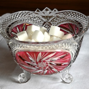 Footed Glass Bowl, Pressed Glass and Hand Etched, Clear and Cranberry coloured Glass