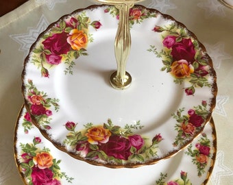 Royal Albert, présentoir à gâteau à deux niveaux « Old Country Rose », porcelaine fine anglaise, objet de collection