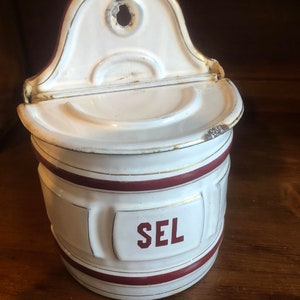Enamel Salt Box, Vintage, Shabby Chic,