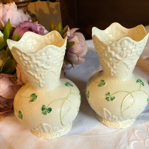 Belleek, A Pair of Vases Decorated with Hand Painted Shamrocks , Parian Ware, Collectible