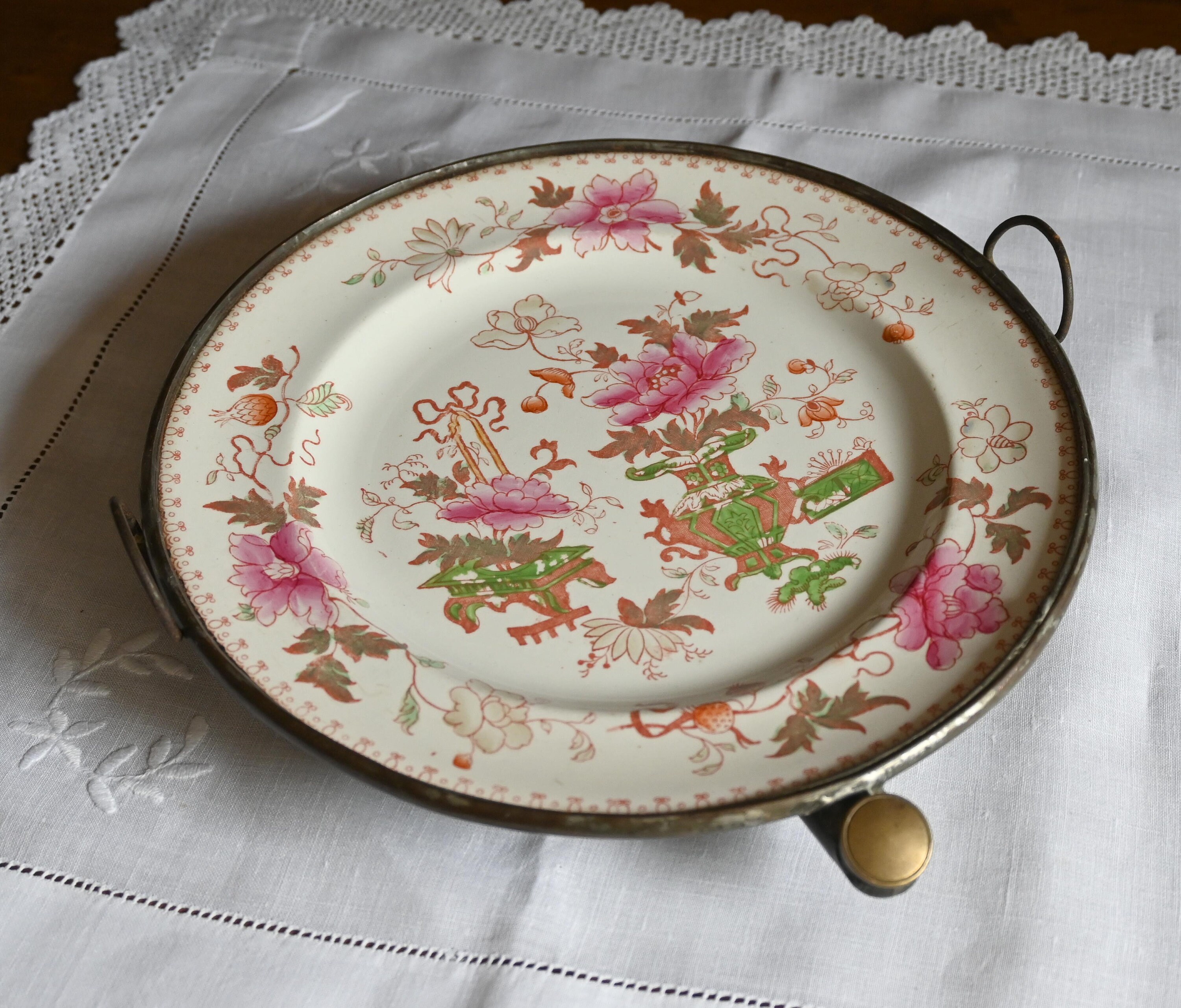 Antique Warming Plate, Made in England Pink and Green, collectible Plate