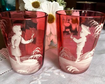 Antique Mary Gregory, Tumbles/Glasses, Cranberry Glass, Mouth Blown - Hand Made and Hand Painted