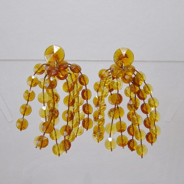 Amber Tassel Earrings, Plastic Amber Earrings, Vintage Amber Earrings, 70's, Disco Earrings, Post Earrings, Cluster Bead Earrings