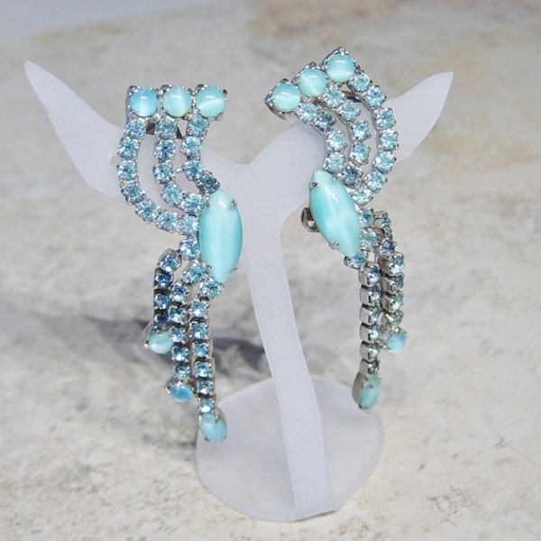 Reserve for frabizio, Aqua Blue Rhinestone Earrings, Vintage 1960's Jewelry, Clip On Earrings, Rhinestone Earrings, Blue Earrings