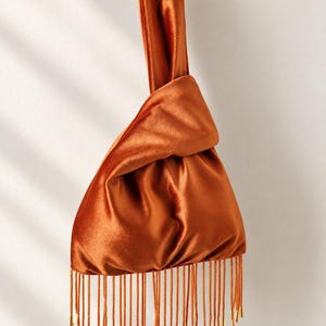 Japanese knot rusty brown velvet style wedding bridal bag purse occasion evening bridesmaid retro vintage party elegant handbag beads fringe